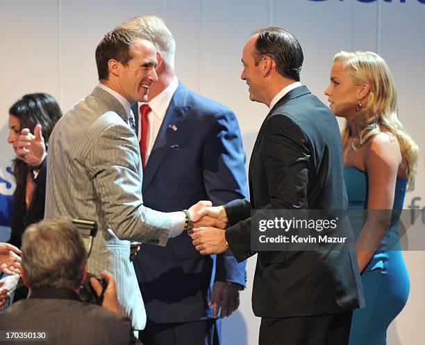 Drew Brees and President of Samsung Electronics America Tim Baxter on stage during the Samsung's Annual Hope for Children Gala at CiprianiÕs in Wall...