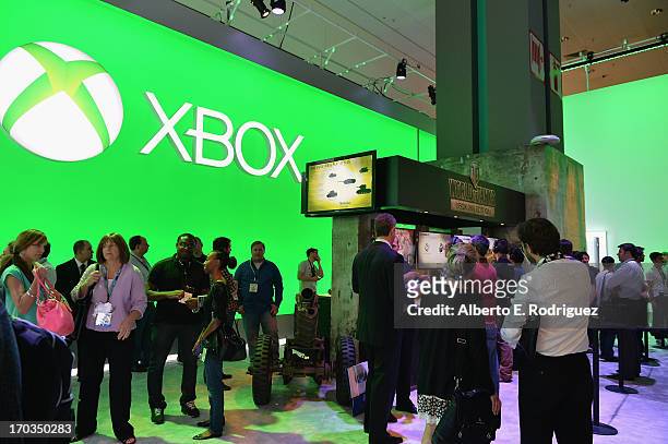 View of the Microsoft X-Box display at the E3 Gaming and Technology Conference at the Los Angeles Convention Center on June 11, 2013 in Los Angeles,...