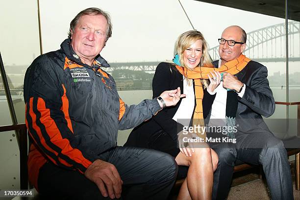 Giants coach Kevin Sheedy and co-hosts of 'Sunrise' Melissa Doyle and David Koch pose during a Greater Western Sydney Giants AFL media opportunity to...