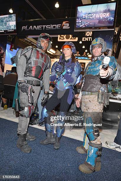 Soldiers pose at the Planetside 2 display at the E3 Gaming and Technology Conference at the Los Angeles Convention Center on June 11, 2013 in Los...