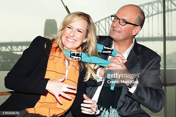 Co-hosts of 'Sunrise' Melissa Doyle and David Koch pose during a Greater Western Sydney Giants AFL media opportunity to promote the upcoming AFL...