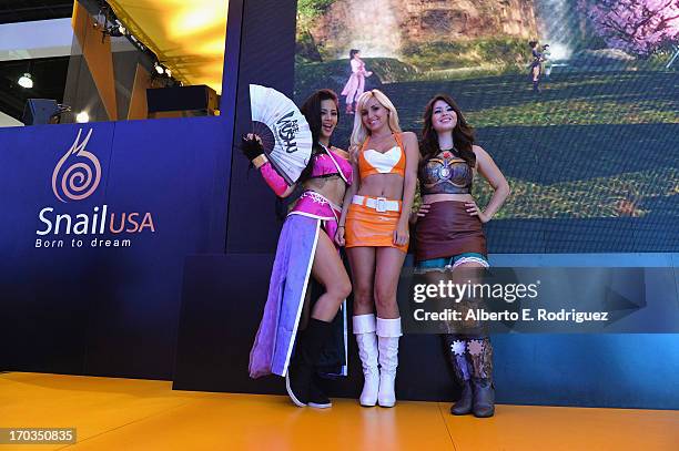 Models pose at the E3 Gaming and Technology Conference at the Los Angeles Convention Center on June 11, 2013 in Los Angeles, California.