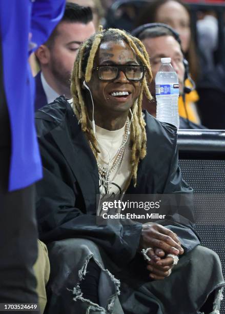 Rapper Lil Wayne attends Game Two of the 2023 WNBA Playoffs semifinals between the Dallas Wings and the Las Vegas Aces at Michelob ULTRA Arena on...