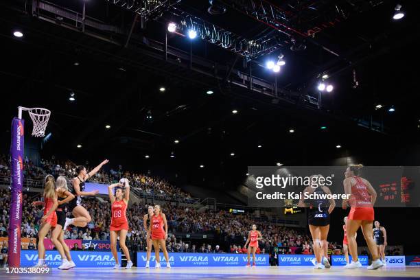 General view as Sasha Glasgow of England is challenged by Karin Burger of New Zealand during the International Test Match between New Zealand Silver...