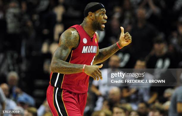 LeBron James of the Miami Heat reacts to a call by the officials during game three against the San Antinio Spurs of the NBA Finals on June 11, 2013...