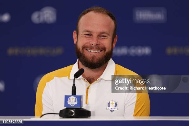 Tyrrell Hatton of Team Europe speaks in a press conference ahead of a practice round prior to the 2023 Ryder Cup at Marco Simone Golf Club on...