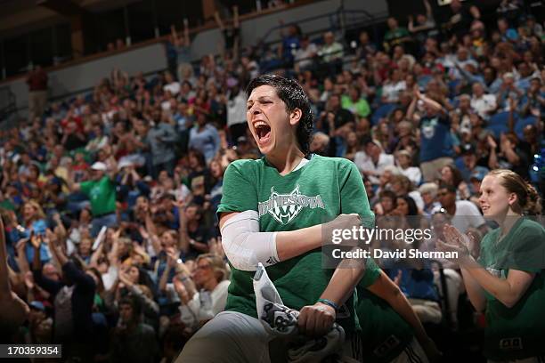 Janel McCarville of the Minnesota Lynx reacts to the play against the San Antonio Silver Stars during the WNBA game on June 11, 2013 at Target Center...