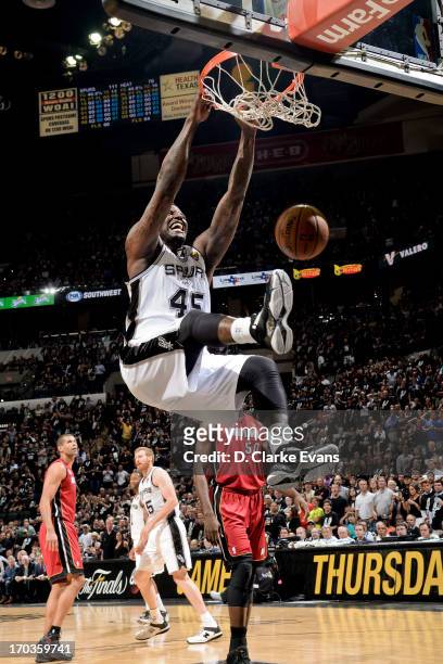 DeJuan Blair of the San Antonio Spurs dunks in the fourth quarter against the Miami Heat during Game Three of the 2013 NBA Finals on June 11, 2013 at...