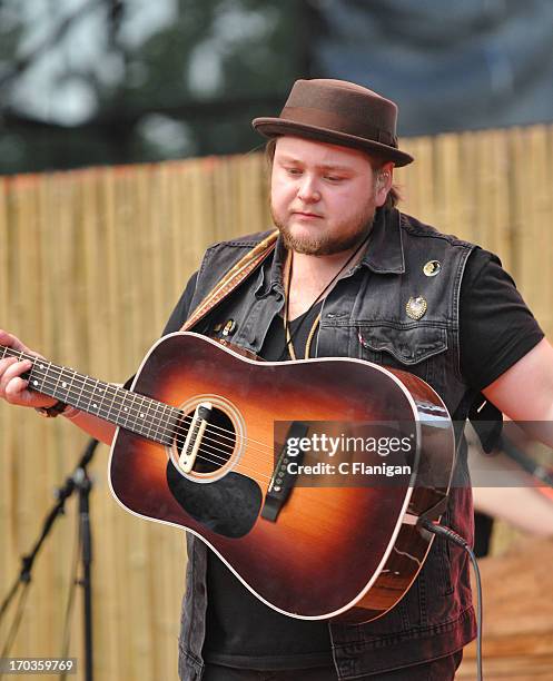 Ragnar Thorhallsson of the band 'Of Monsters And Men' performs during the 21st annual KROQ Weenie Roast at Verizon Wireless Amphitheater on May 18,...