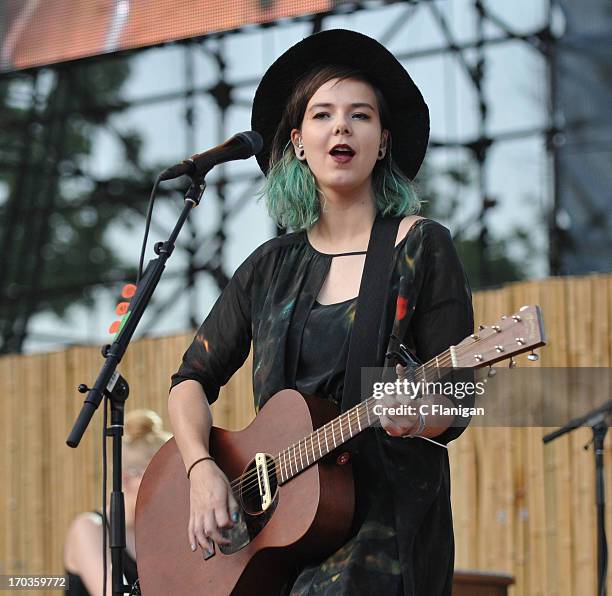 Nanna Bryndis Hilmarsdottir of the band 'Of Monsters And Men' performs during the 21st annual KROQ Weenie Roast at Verizon Wireless Amphitheater on...