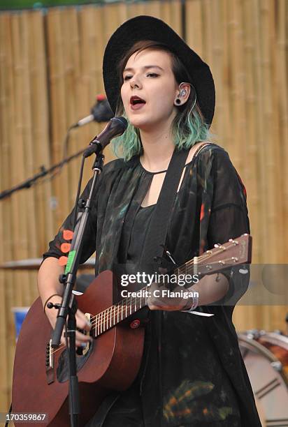 Nanna Bryndis Hilmarsdottir of the band 'Of Monsters And Men' performs during the 21st annual KROQ Weenie Roast at Verizon Wireless Amphitheater on...