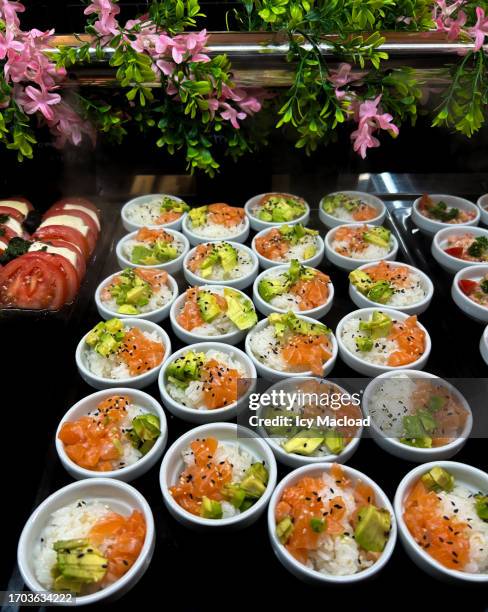 photo showcasing asian dishes with bowls, salmon, rice, tomatoes, cheese, and decorative flowers. - authentique stockfoto's en -beelden