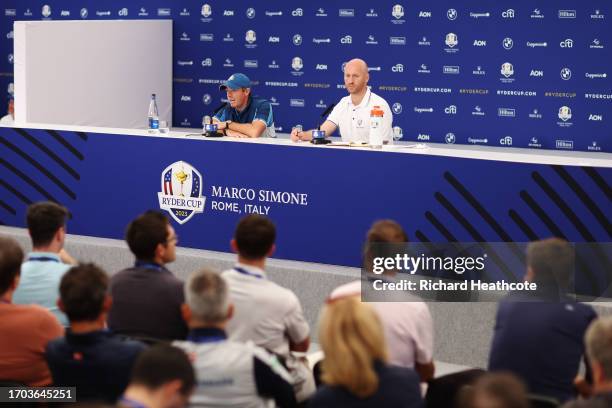 Rory McIlroy of Team Europe speaks in a press conference prior to the 2023 Ryder Cup at Marco Simone Golf Club on September 27, 2023 in Rome, Italy.