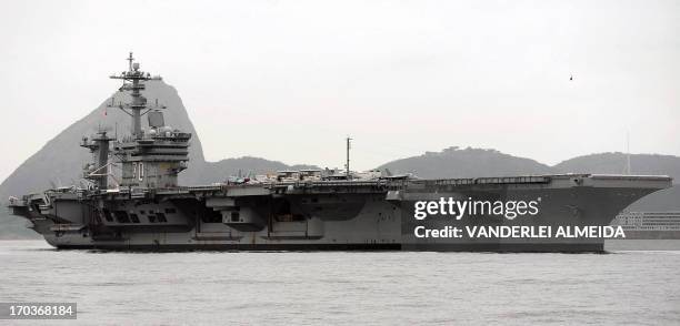 The USS Carl Vinson Nimitz class aircraft supercarrier arrives at Guanabara Bay in Rio de Janeiro, Brazil, on February 26 comming from Haiti after...