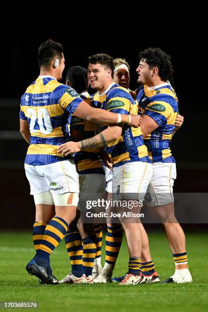 Reon Paul of Bay of Plenty celebrates with his team following the round eight Bunnings Warehouse NPC match between Southland and Bay of Plenty at...