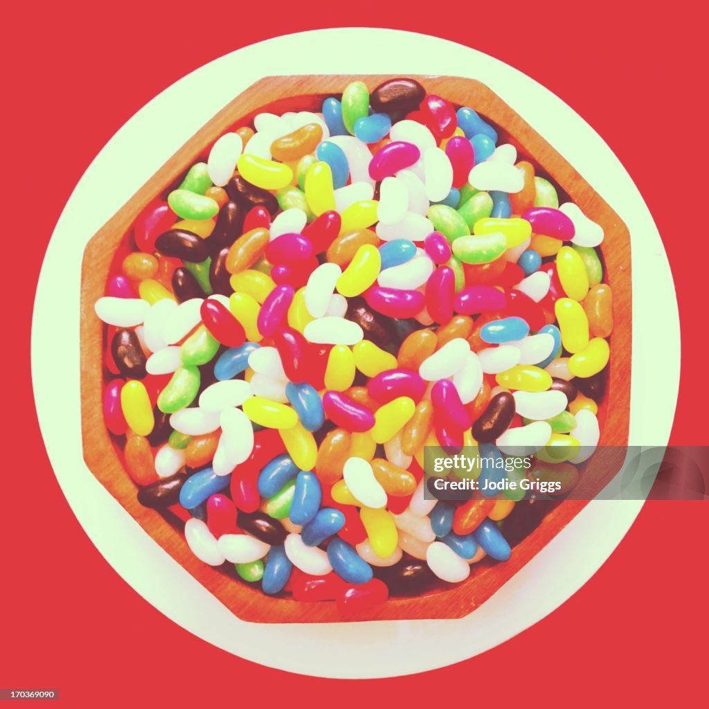 Looking down on full bowl of colourful jelly beans