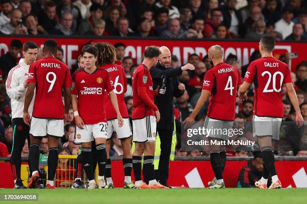 Erik ten Hag, Manager of Manchester United, gives the team instructions during a break in play during the Carabao Cup Third Round match between...