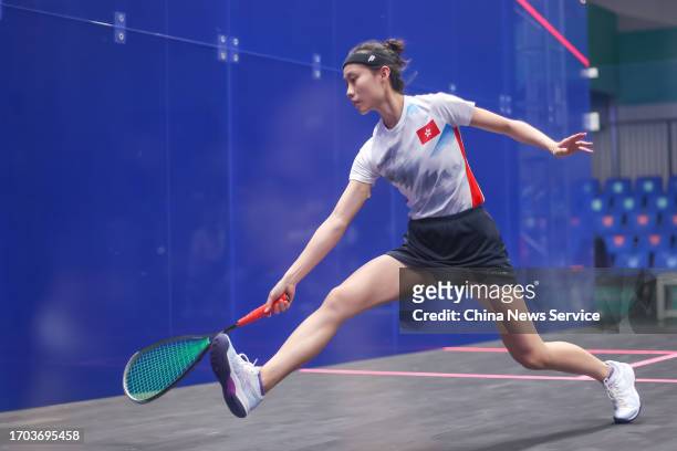 Ho Tze-Lok of Team Chinese Hong Kong competes against Altankhuyag Ariunbileg of Team Mongolia in the Squash - Women's Team Pool A on day three of the...