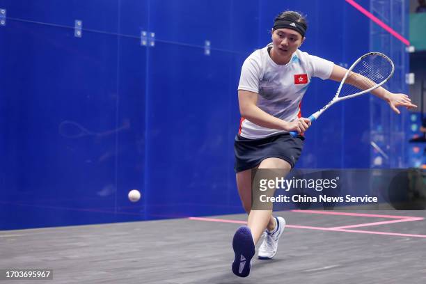Chan Sin Yuk of Team Chinese Hong Kong competes against Amarmend Uyanga of Team Mongolia in the Squash - Women's Team Pool A on day three of the 19th...