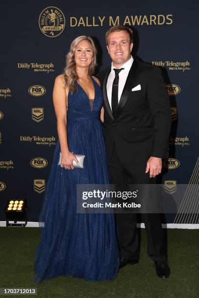 Jake Trbojevic of the Sea Eagles and his partner arrive ahead of the 2023 Dally M Awards at The Winx Stand, Royal Randwick Racecourse on September...