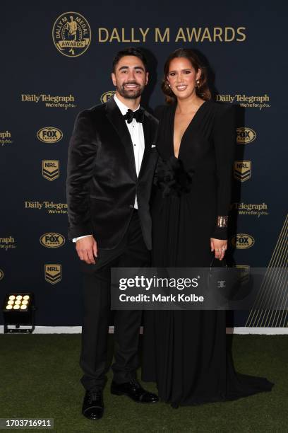 Shaun Johnson of the Warriors and his wife Kayla Johnson arrive ahead of the 2023 Dally M Awards at The Winx Stand, Royal Randwick Racecourse on...