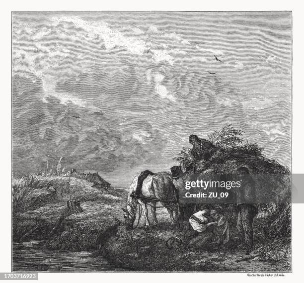 landschaft mit der getreideernte, von philips wouwerman, holzschnitt, 1878 - grautier pferdeartige stock-grafiken, -clipart, -cartoons und -symbole