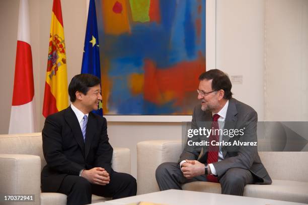 Spanish Prime Minister Mariano Rajoy receives Prince Naruhito of Japan at the Moncloa Palace during the third day of his visit to Spain on June 12,...