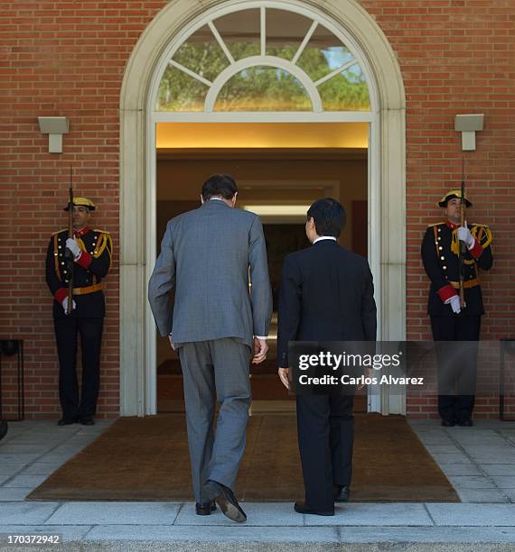 Spanish Prime Minister Mariano Rajoy receives Prince Naruhito of Japan at the Moncloa Palace during the third day of his visit to Spain on June 12,...