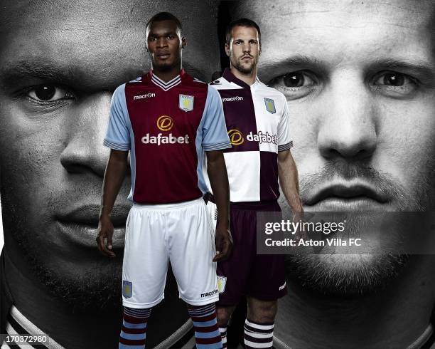 In this handout photographic illustration provided by Aston Villa, Ron Vlaar and Christian Benteke of Aston Villa wear the new Macron home and away...