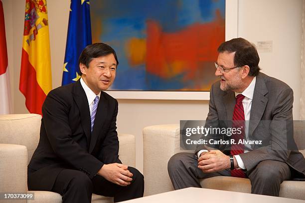 Spanish Prime Minister Mariano Rajoy receives Prince Naruhito of Japan at the Moncloa Palace during the third day of his visit to Spain on June 12,...