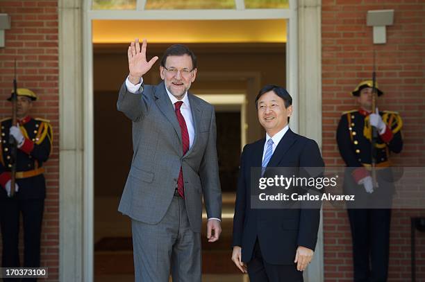 Spanish Prime Minister Mariano Rajoy receives Prince Naruhito of Japan at the Moncloa Palace during the third day of his visit to Spain on June 12,...