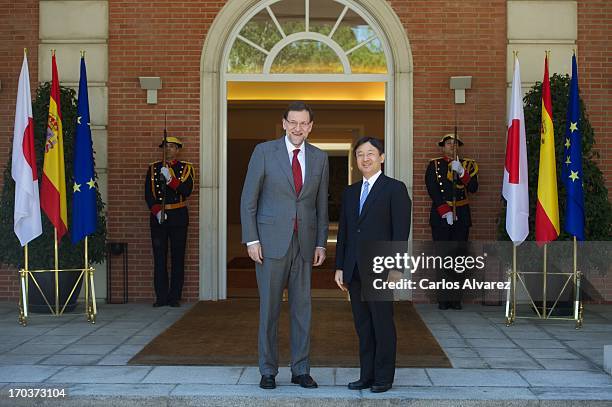 Spanish Prime Minister Mariano Rajoy receives Prince Naruhito of Japan at the Moncloa Palace during the third day of his visit to Spain on June 12,...