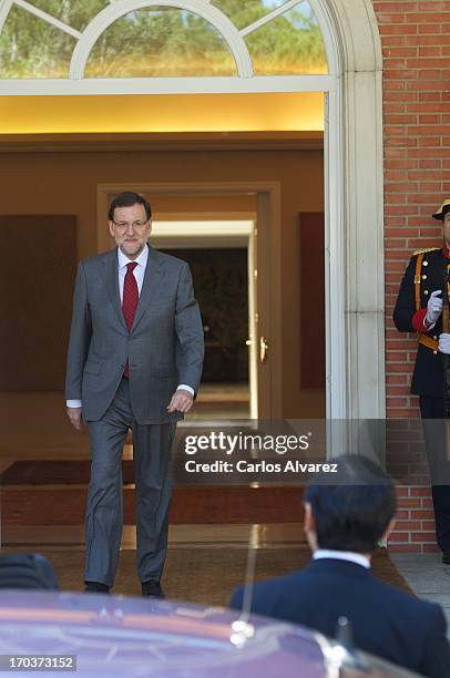 Spanish Prime Minister Mariano Rajoy receives Prince Naruhito of Japan at the Moncloa Palace during the third day of his visit to Spain on June 12,...