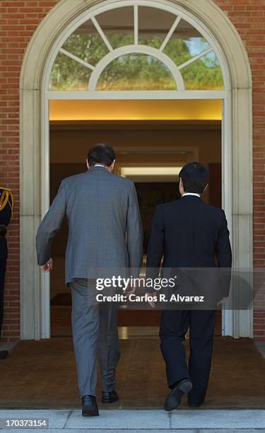 Spanish Prime Minister Mariano Rajoy receives Prince Naruhito of Japan at the Moncloa Palace during the third day of his visit to Spain on June 12,...