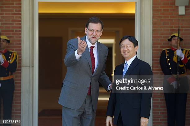 Spanish Prime Minister Mariano Rajoy receives Prince Naruhito of Japan at the Moncloa Palace during the third day of his visit to Spain on June 12,...