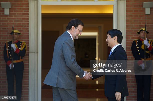 Spanish Prime Minister Mariano Rajoy receives Prince Naruhito of Japan at the Moncloa Palace during the third day of his visit to Spain on June 12,...