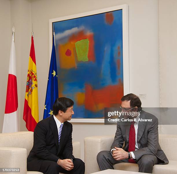 Spanish Prime Minister Mariano Rajoy receives Prince Naruhito of Japan at the Moncloa Palace during the third day of his visit to Spain on June 12,...