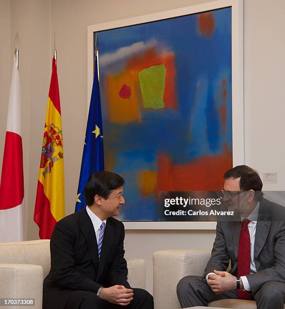 Spanish Prime Minister Mariano Rajoy receives Prince Naruhito of Japan at the Moncloa Palace during the third day of his visit to Spain on June 12,...