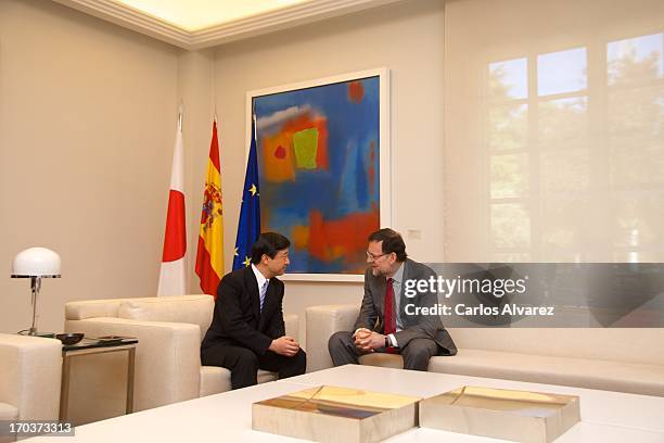 Spanish Prime Minister Mariano Rajoy receives Prince Naruhito of Japan at the Moncloa Palace during the third day of his visit to Spain on June 12,...