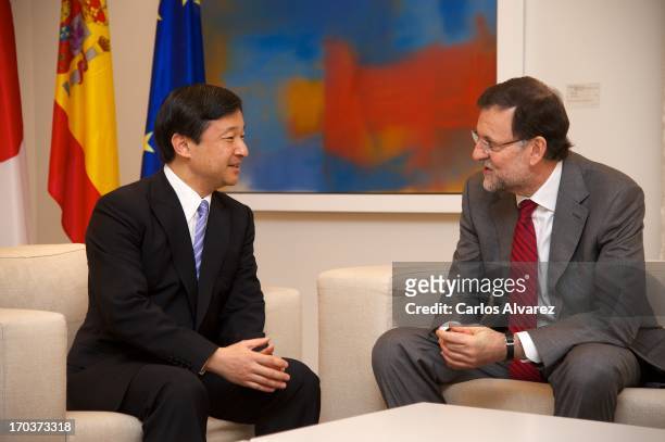 Spanish Prime Minister Mariano Rajoy receives Prince Naruhito of Japan at the Moncloa Palace during the third day of his visit to Spain on June 12,...