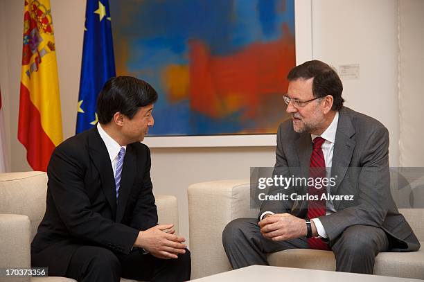 Spanish Prime Minister Mariano Rajoy receives Prince Naruhito of Japan at the Moncloa Palace during the third day of his visit to Spain on June 12,...