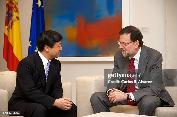 Spanish Prime Minister Mariano Rajoy receives Prince Naruhito of Japan at the Moncloa Palace during the third day of his visit to Spain on June 12,...