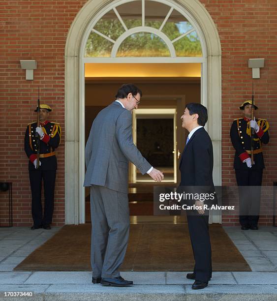 Spanish Prime Minister Mariano Rajoy receives Prince Naruhito of Japan at the Moncloa Palace during the third day of his visit to Spain on June 12,...