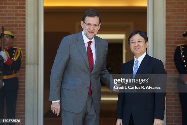 Spanish Prime Minister Mariano Rajoy receives Prince Naruhito of Japan at the Moncloa Palace during the third day of his visit to Spain on June 12,...