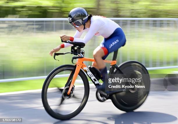 Eri Yonamine of Japan competes in the women's individual road cycling time trial event at the Asian Games in Hangzhou, China, on Oct. 3, 2023.
