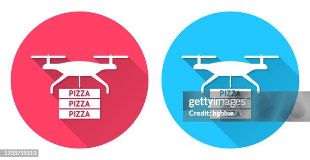 food delivery drone with pizza. round icon with long shadow on red or blue background - pizza box vector flat stock illustrations