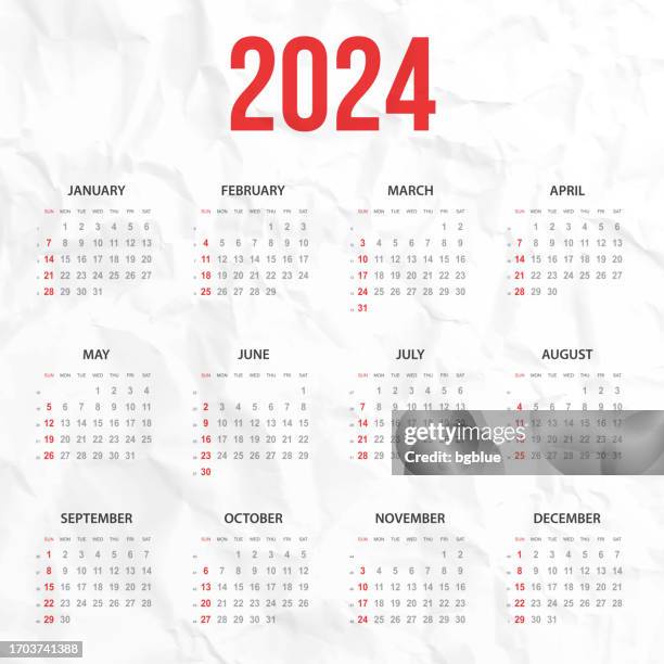 illustrazioni stock, clip art, cartoni animati e icone di tendenza di calendario 2024 su sfondo bianco accartocciato - today parola inglese