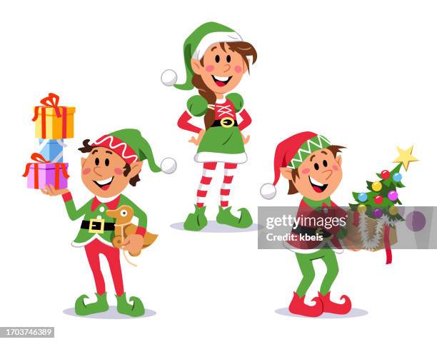 illustrazioni stock, clip art, cartoni animati e icone di tendenza di tre simpatici elfi di natale - folletto