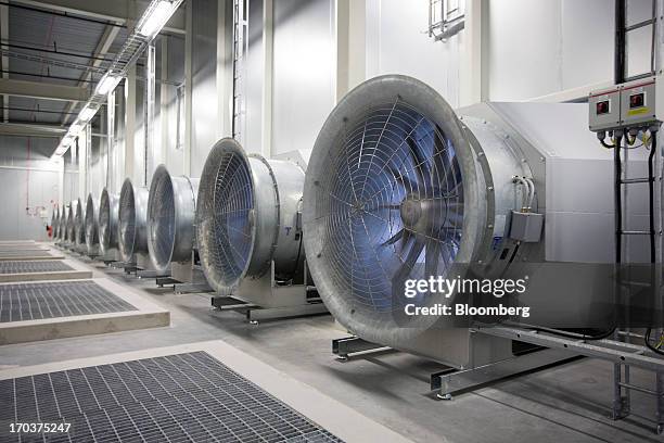 Bank of cooling fans are seen at Facebook Inc.'s new data storage center near the Arctic Circle in Lulea, Sweden, on Wednesday, June 12, 2013. The...