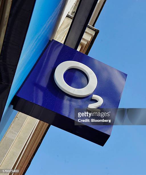 The O2 company logo is displayed on a sign in front of an O2 Mobile Phone Store, part of Telefonica SA, on Grafton Street in Dublin, Ireland, on...